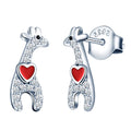 925 Sterling Silver Giraffe Animal With Red Heart Stud Earrings for Kids