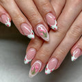 Dropshipping 24 Pcs 3784 Charming Pink White Floral French Acrylic Short Almond Press on Nails Artificial Fingernails Customize