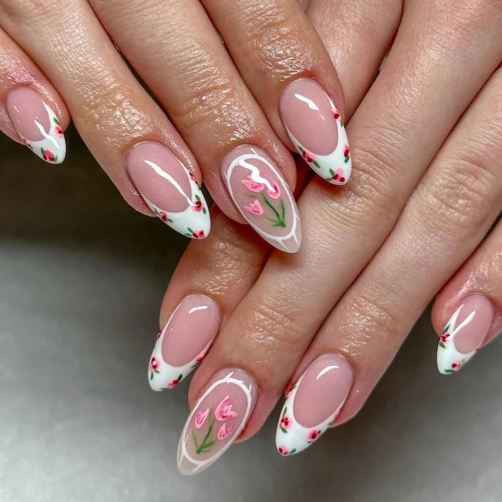 Dropshipping 24 Pcs 3784 Charming Pink White Floral French Acrylic Short Almond Press on Nails Artificial Fingernails Customize