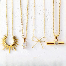 Trendy 18k Gold Plated Link Chain Waterproof Stacked Steel Baw Tie Sun Pendant with Zircon Main Stone Titanium Gold Necklace