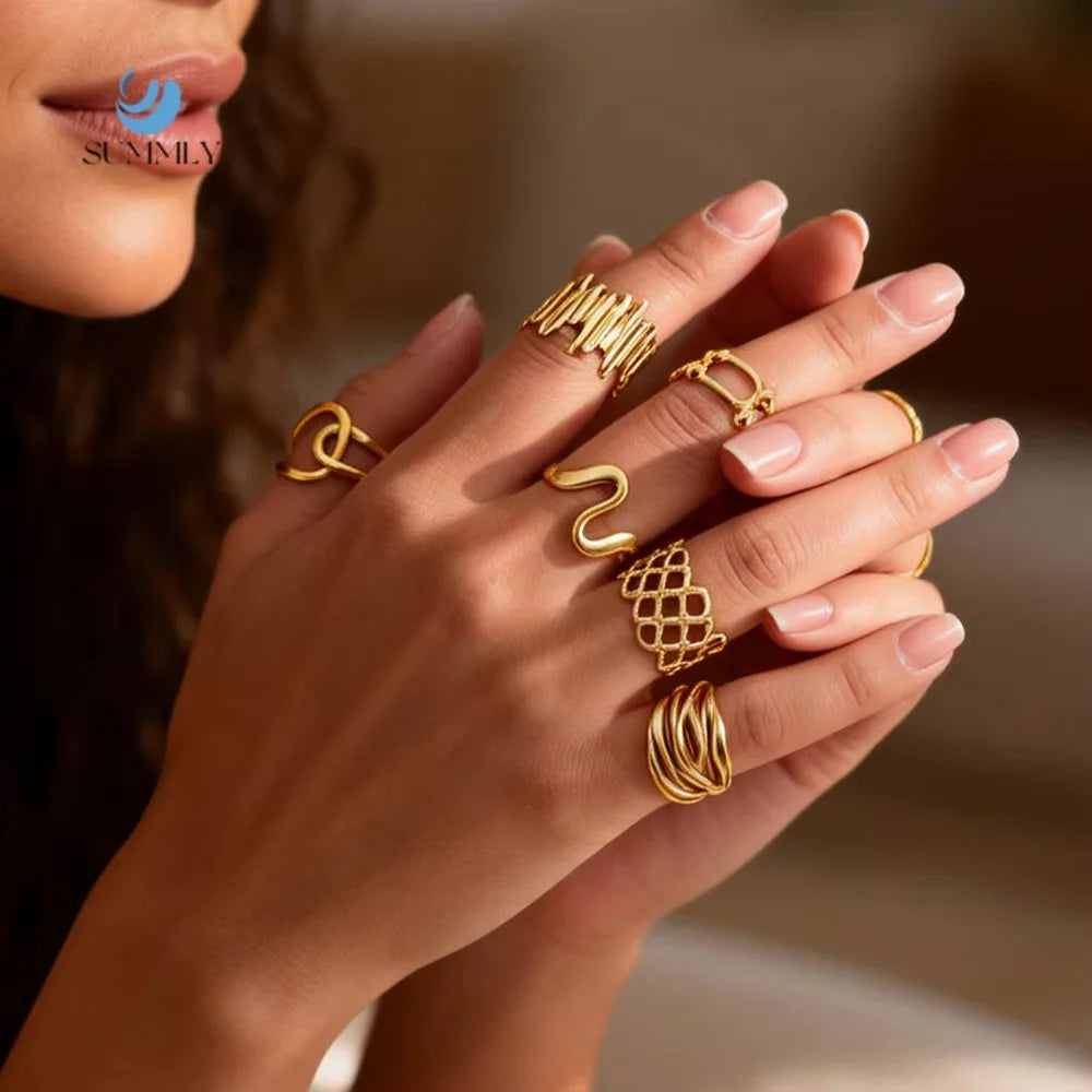 SUMMLY Wholesale Personalized Lines Geometric Irregular 18K Gold Plated Stainless Steel Rings Fashion Jewelry