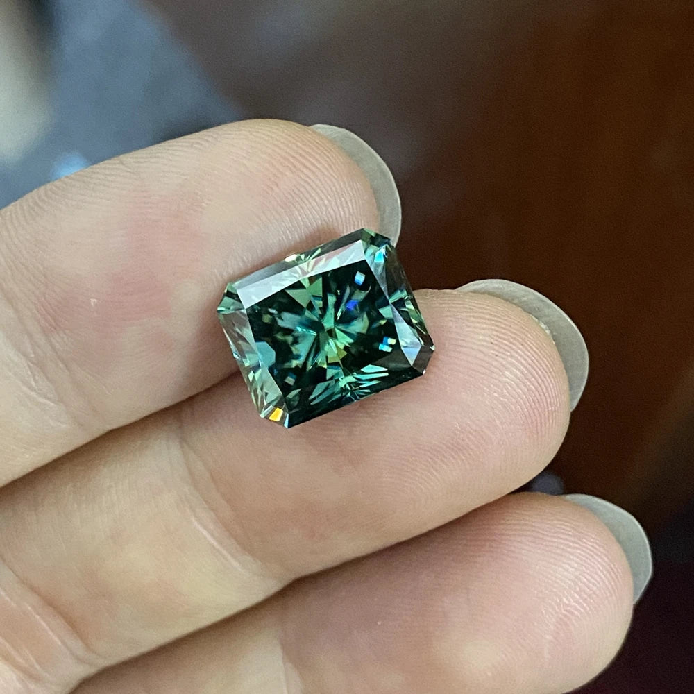 HQ GEMS Radiant Cut Green Moissanite 10x12mm 8 Carats Dark Green Loose Moissanite Diamond for Ring Set