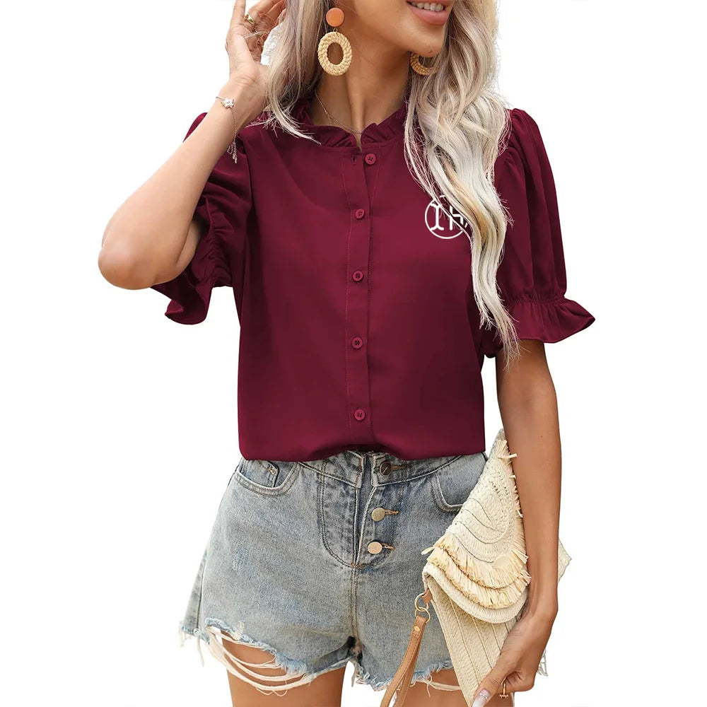 Designer Summer New Fashion Temperament Button Blouse Casual Ruffle Crew Neck Short Sleeve Chiffon Tops for Women