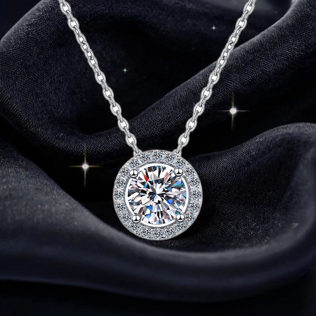 Fashion Simple  S925 Sterling Silver Pt950 Plated Classic Round Moissanite Pendant Necklace for Women Wedding Jewelry