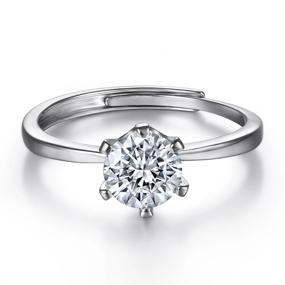 Classic Solitaire Rings Round Cut 1CT 6 Prongs Thick 925 Sterling Silver Engagement Wedding Ring Adjustable Ring
