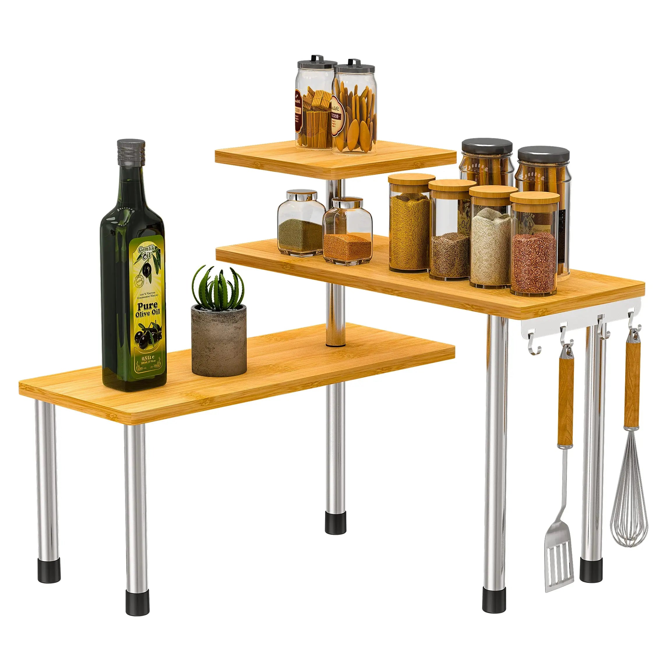 3 Tier Kitchen Corner Storage Rack Household Countertop Corner Storage Holder Bamboo Adjustable Spice Rack