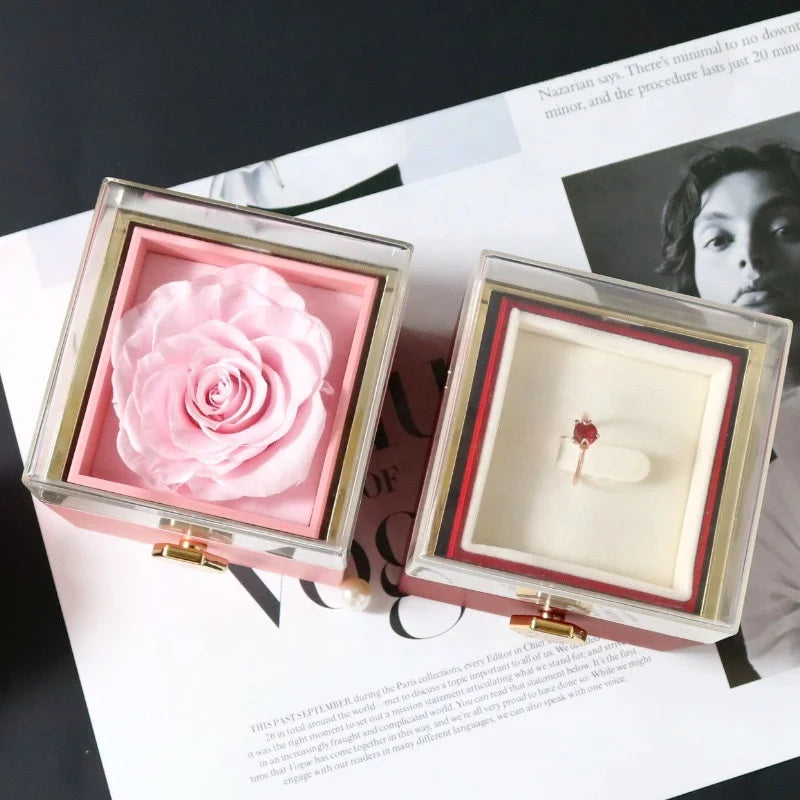 Romantic Mother's Day Acrylic Rotating Eternal Rose Ring Necklace Pendant Ear Flower Jewelry Box Suitable for Wedding