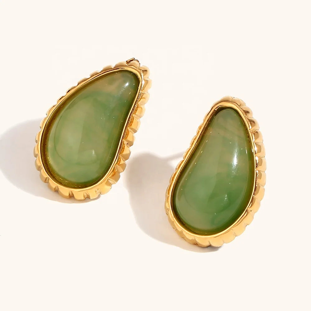 Dingran Joyas De Acero Inoxidable Waterproof Colorful Natural Stone Water Drop Stud Earrings for Women