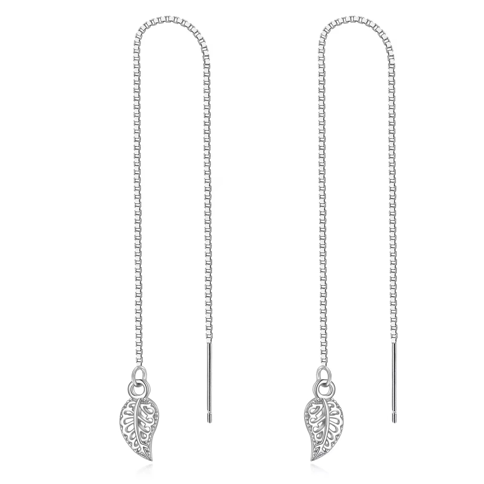 S925 Sterling Silver Rhodium Plated Box Chain Slim Leaf Threader Earrings for Women