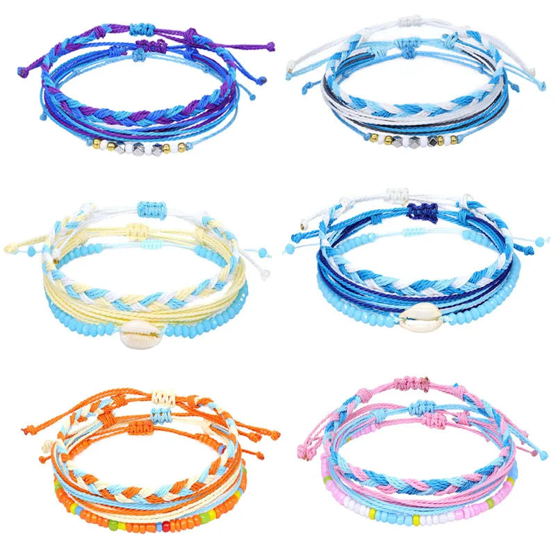 Hot Selling Cheap Fashion Bracelet West Coast Seashell Wax Thread Handwoven Bracelet Set of Three Pcs