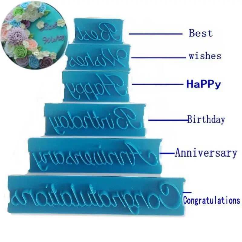 6pcs Happy Birthday Best Wishe Congratulations Anniversary Letter Cookie Cutter Sugar Paste Phrases Embossing Mold