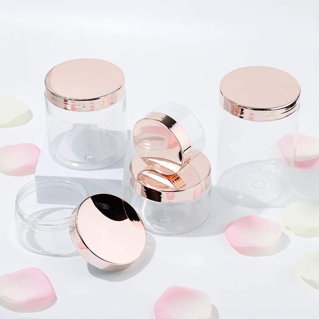 1oz 2oz 4oz 8oz 16oz Cosmetic Empty Cream Packaging Body Lip Scrub Clear Cosmetics Jar With Shiny Rose Gold Cap
