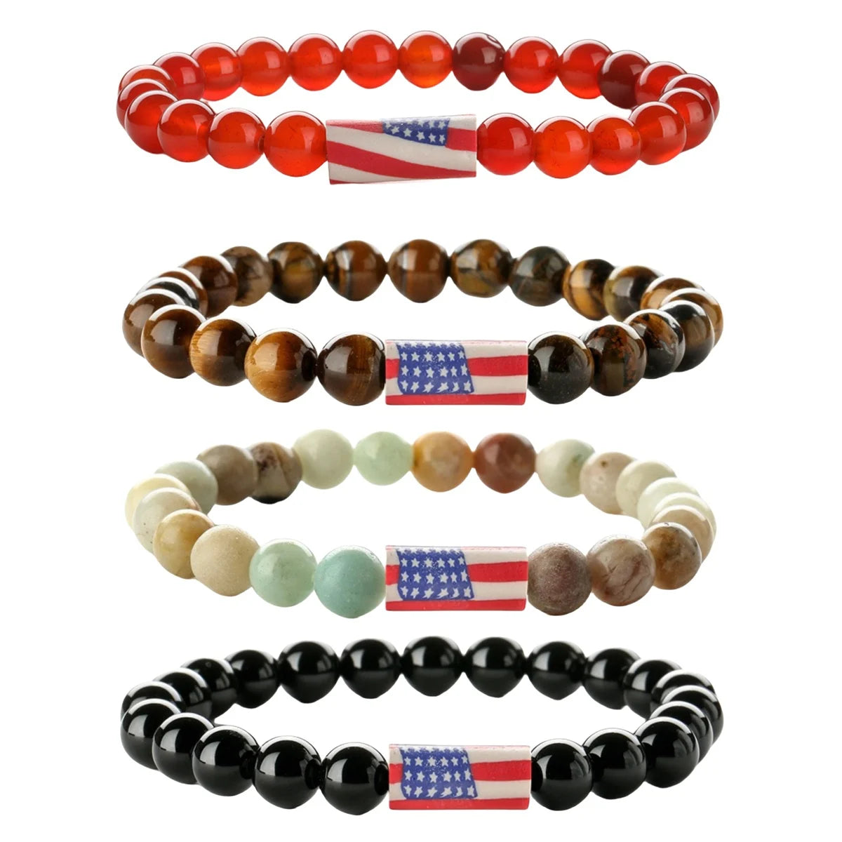 8MM Natural Stone American Flag Beaded Bracelet Elastic Patriotic Wristband for Independence Day Jewelry Gift