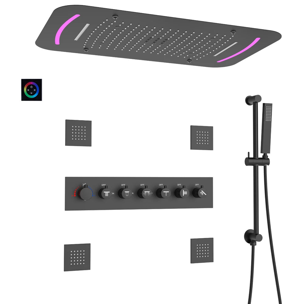 Thermostatic Matte Black Shower System 28X17 Inch Super Large Bathroom Sets Shower with Bubble Waterfall Rain Shower Head
