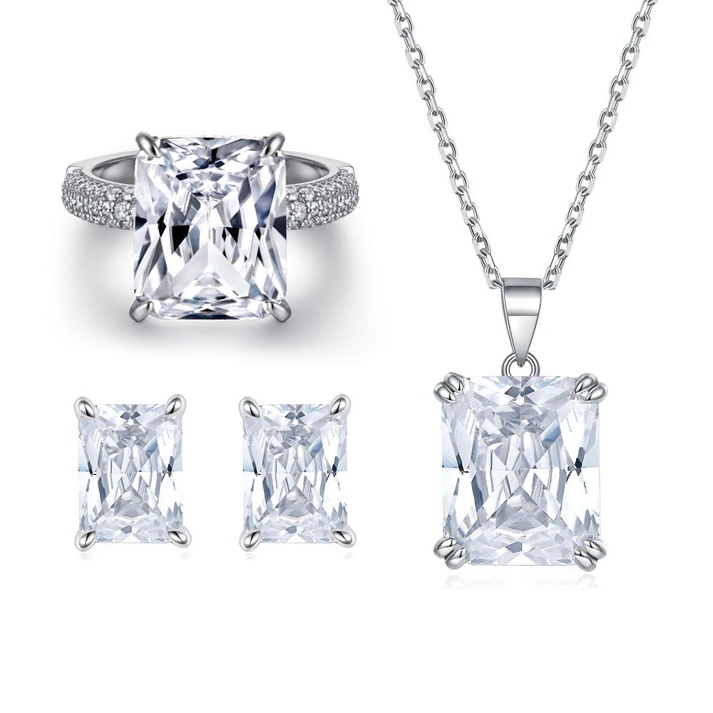 New Arrive Rectangle Cut Jewelry Sets 925 Sterling Silver BlingZircon Ring Necklace Earrings White Gold Plated Women Jewelry Set