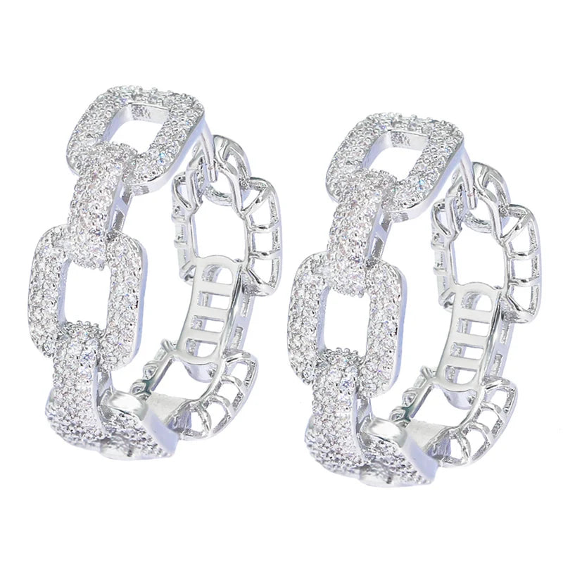 Chic Daily Wear Silver Color Chain Link Pattern Cubic Zirconia Paved Small Round Huggie Hoop Earrings for Women Costume Jewelry