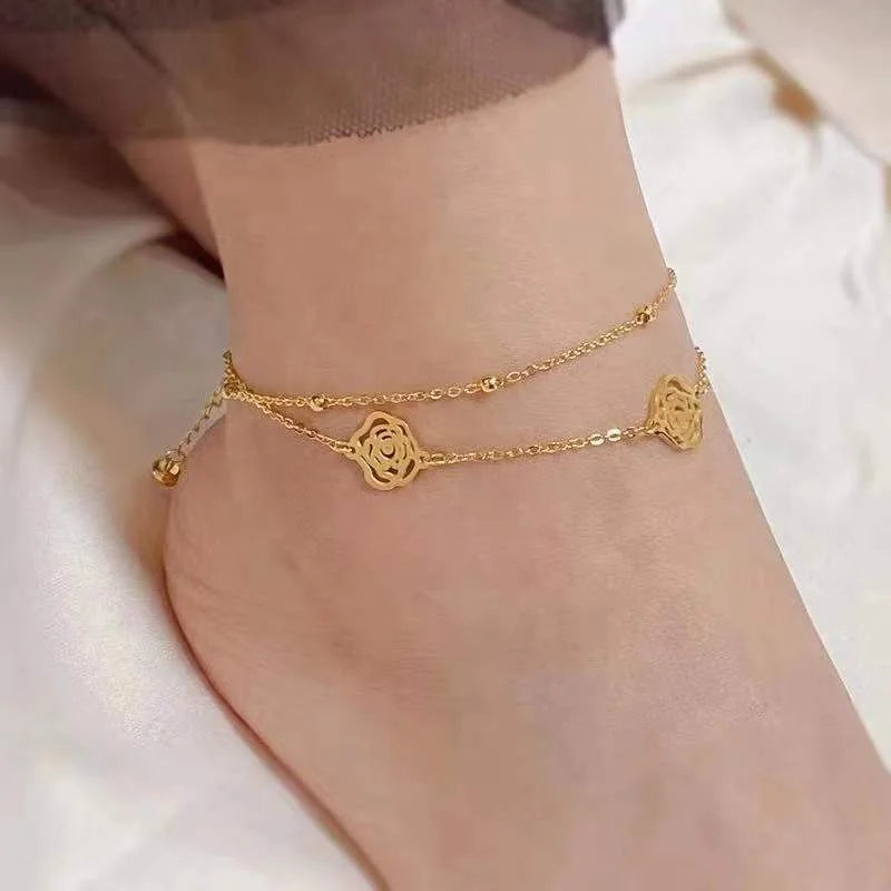 Gaby Stainless Steel Adjustable Foot Bracelets Gold Plated Filigree Rose Flower Anklets Waterproof Wholesale Foot Jewelry