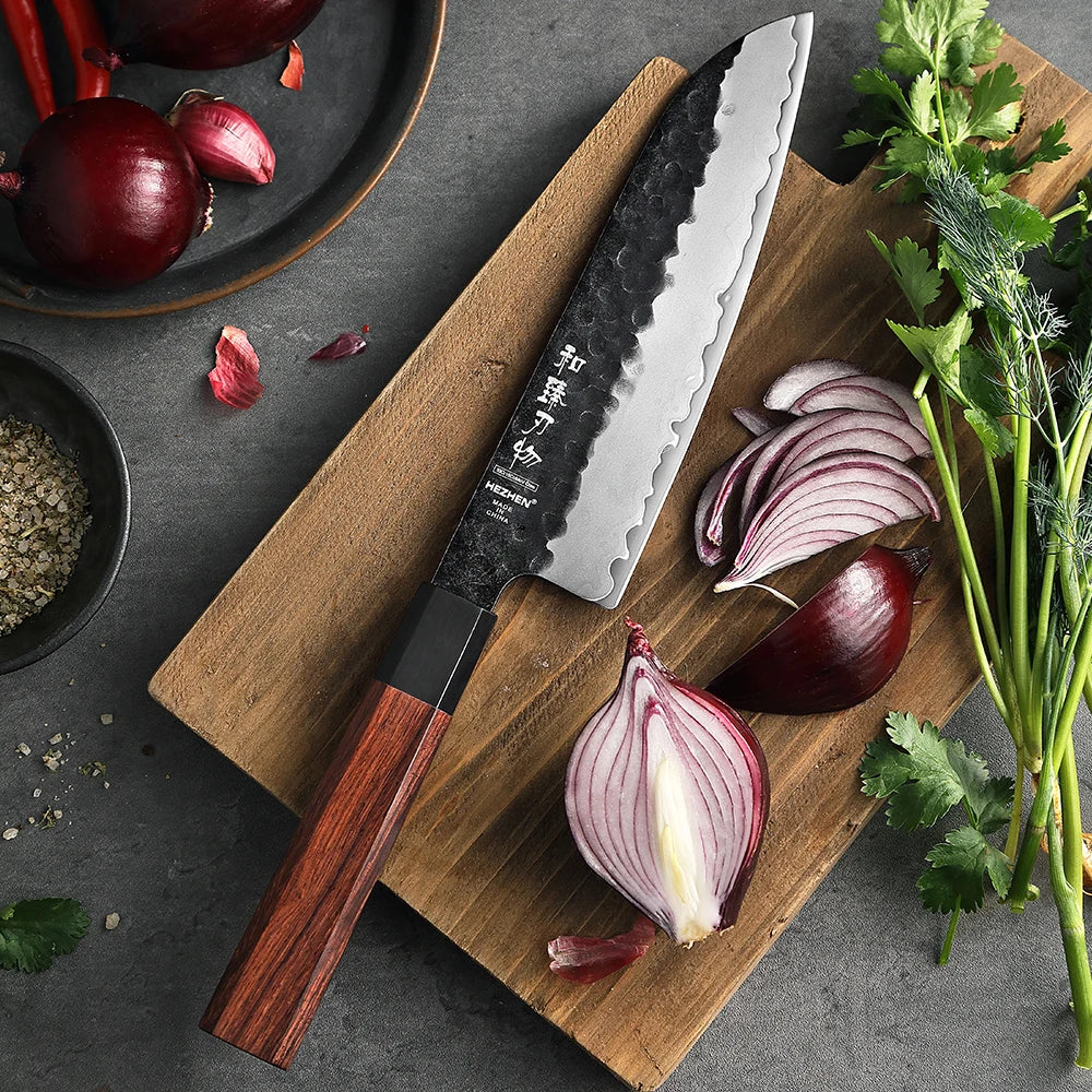 High Carbon Clad Stainless Steel Santoku Knife With 10Cr Core Buffalo Horn Red Wood 7 Inch Kitchen Knife