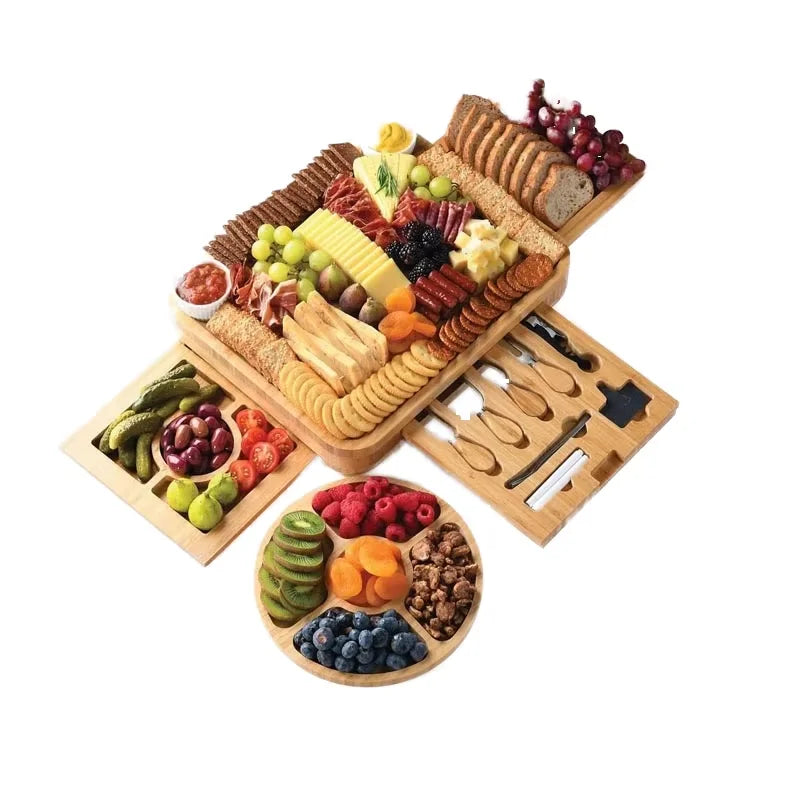 Large Multi-function Wood Charcuterie Boards Set Custom Kitchen Bamboo Cheese Board and Knife Set with Drawers