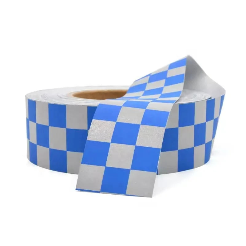 Factory Sew on Blue White Lattice Blocks Reflective TC Polyester Tape Fabric Reflective Checker Tape for Clothing
