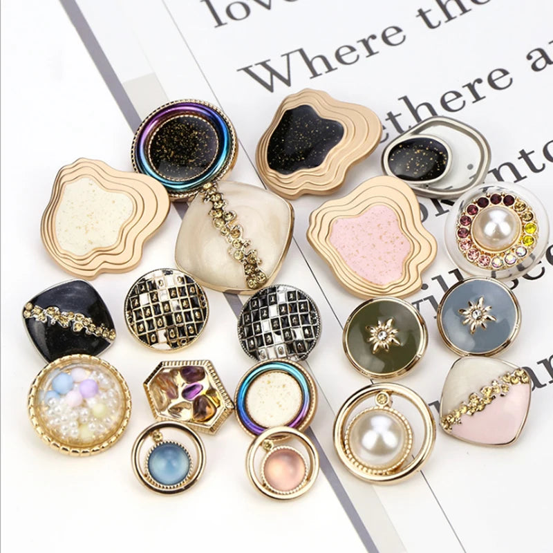 Irregular Gold Color Drip Oil Alloy Pearls Rhinestone High-footed Hand-sewn Buttons Women's Sweaters Windbreakers Coats Buttons