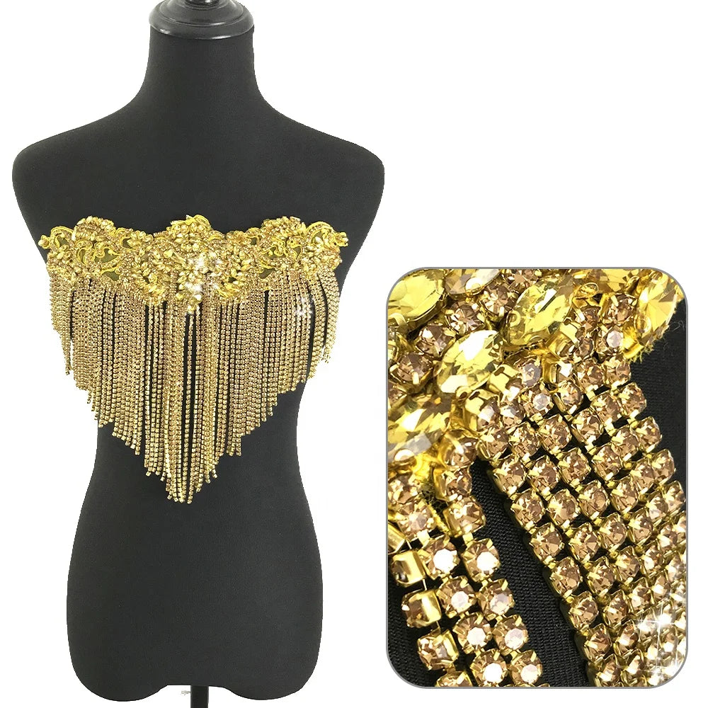W013 Sparkling Beaded Bodice Applique Rhinestone Shoulder Applique for Wedding Bridal Dress