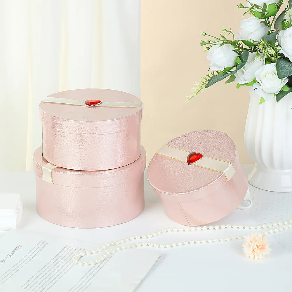Fashionable Large Pink Round Wedding Gift Boxes Set Wedding Hamper Paper Post Box with Sponge Lining for Photo Frame