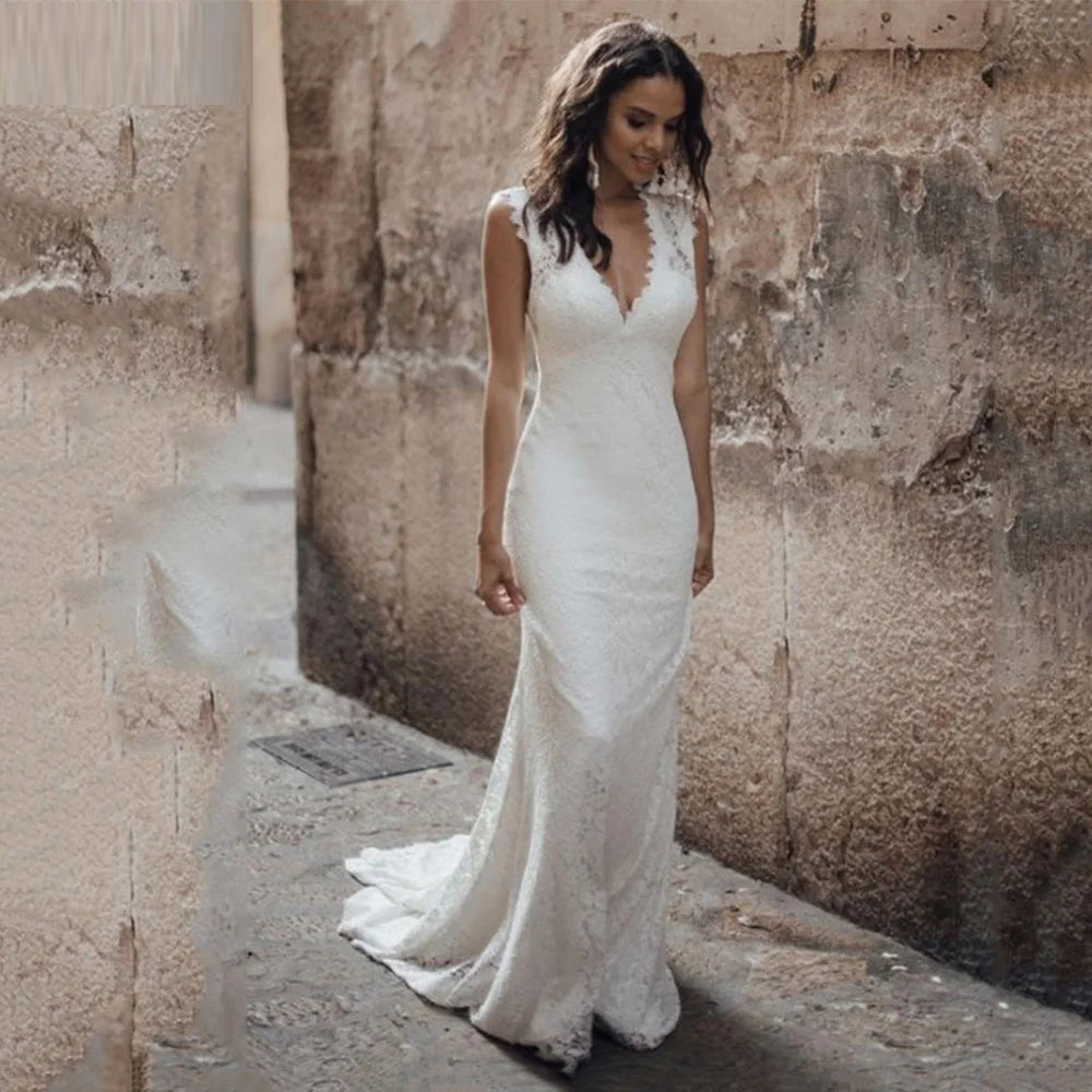 13515#Beach Simple Deep V Neck Backless Mermaid Sleeveless Sweep Train Bohemian Lace Elegant Wedding Dress Bridal Gown