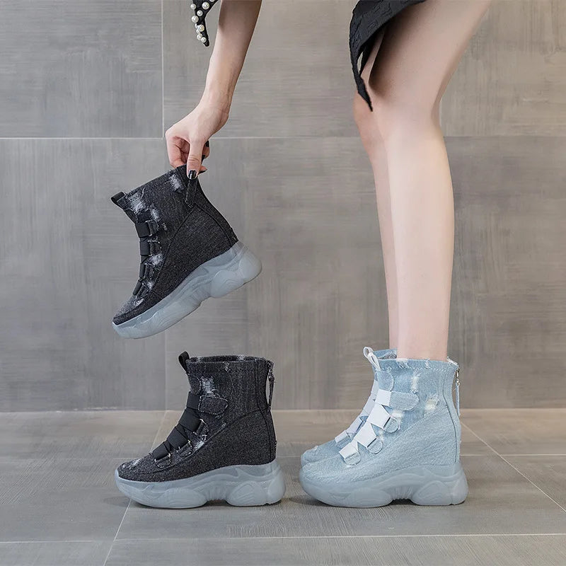 New Thick Bottom All-match Women's Fashion Boots Fashionable Casual Inner Heightening Denim Ankle Boots