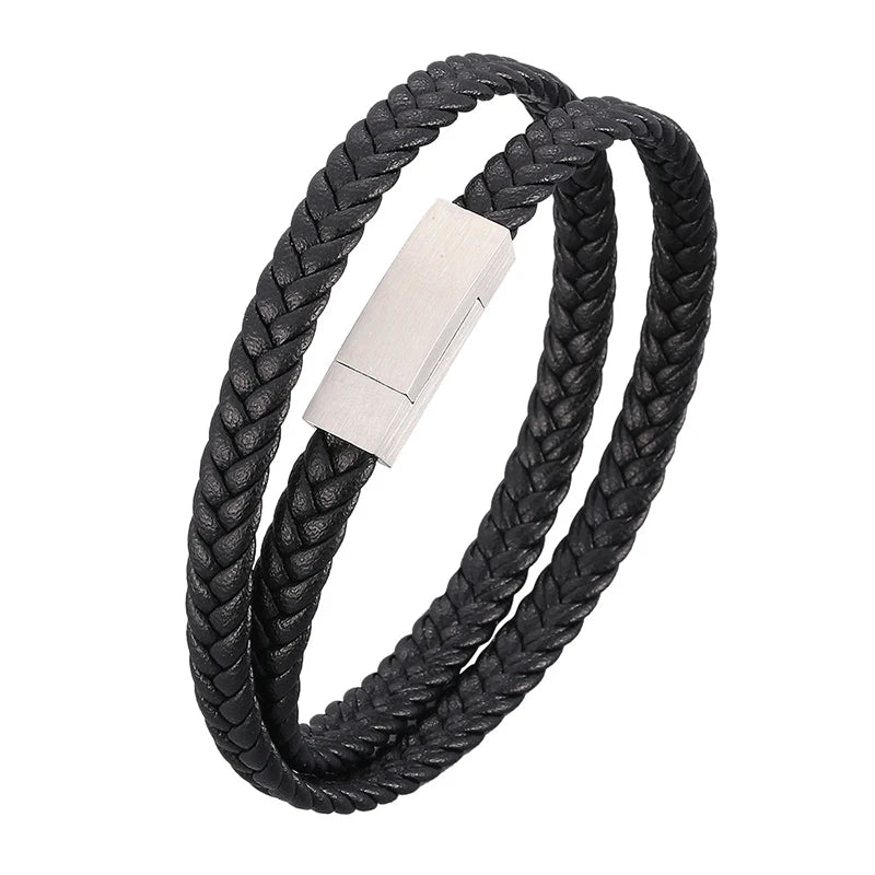 Hot Selling Mens Leather Wrap Bracelet Fashion Double Wrap Braided Leather Bracelet With Stainless Steel Magnetic Clasp