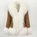 Autumn Winter Fashion Warm Thick Mongolian Fur Splicing Suede Rabbit Fur Lining Coat for Women