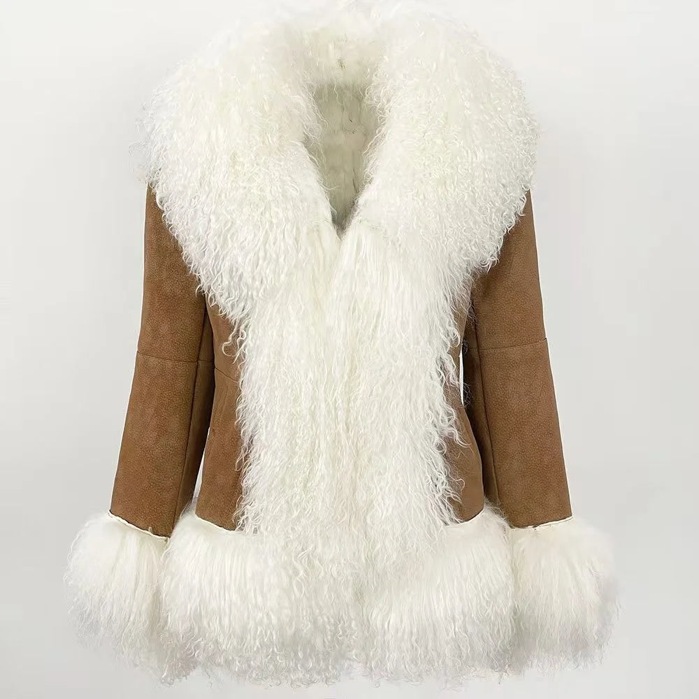 Autumn Winter Fashion Warm Thick Mongolian Fur Splicing Suede Rabbit Fur Lining Coat for Women