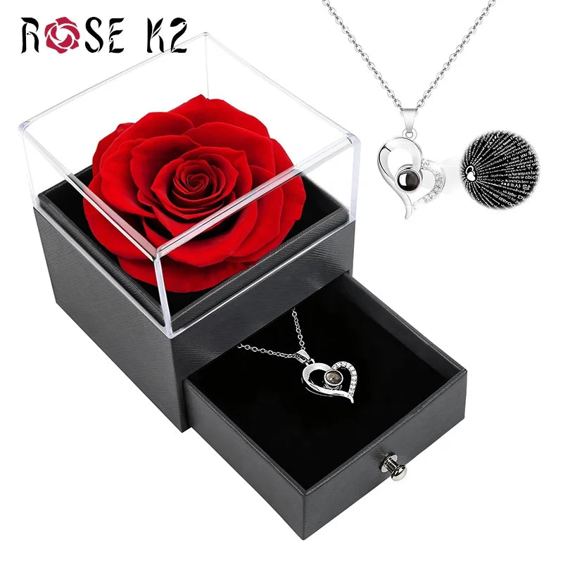 Valentines Mother Day Eternal Rose Preserved Rose Flowers in a Acrylic Box Preserved Roses With Love You Necklace Gift Set