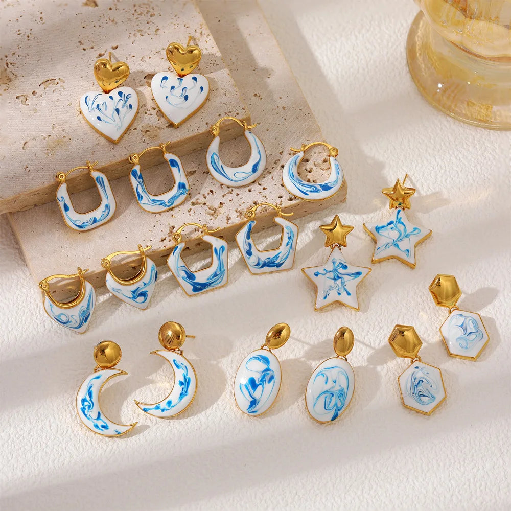 18K Gold Blue and White Porcelain Earrings Colored Oil Dripping Enamel Ear Buckle Chinese Style New Chinese Earrings