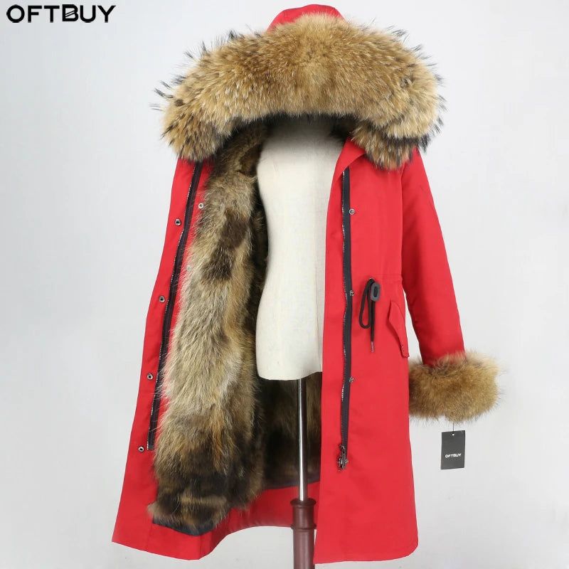 Women's X-Long Winter Parka Detachable Real Raccoon Fur Collar Linner Hood Cuffs Natural Fur Waterproof Jacket Zipper Closure