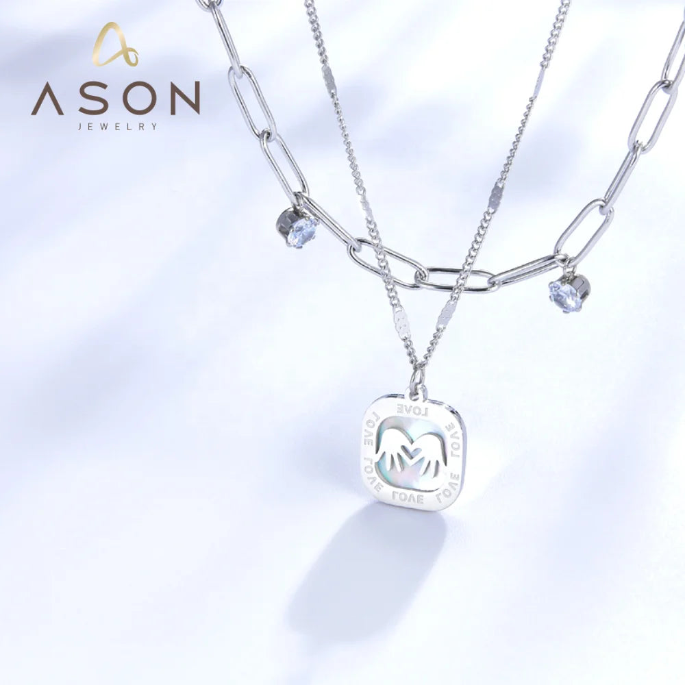 Fashion Double Palm White Shell Accessories and Chain With Four Diamonds Double Chain Stainless Steel Necklace