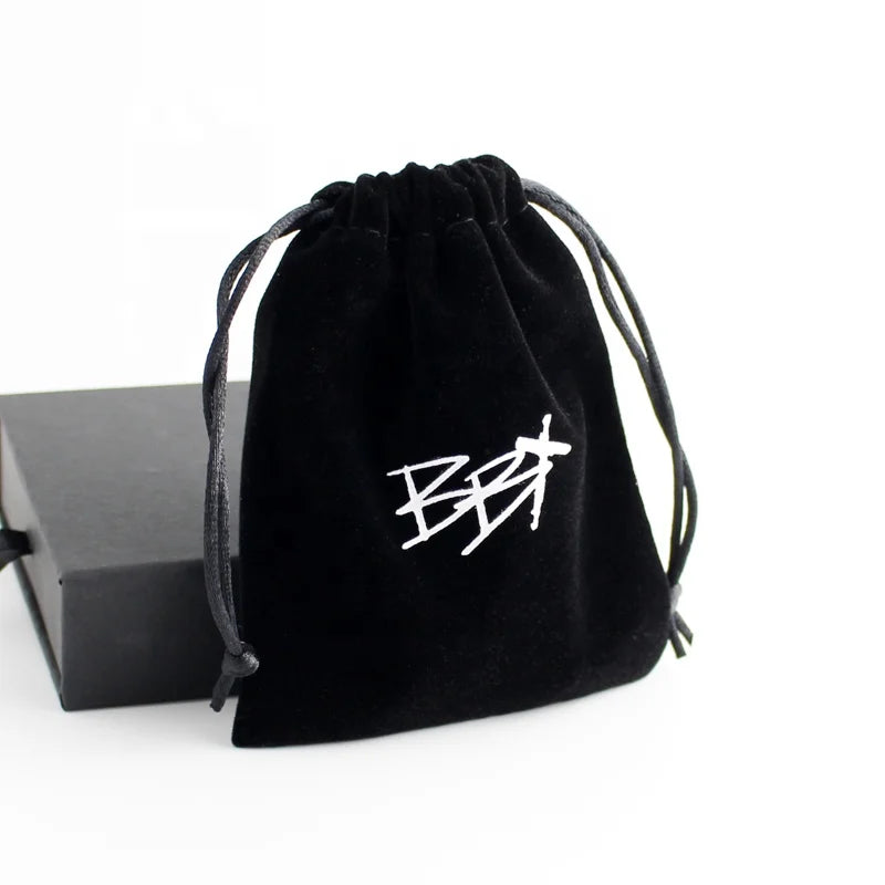 Black Velvet Bag with White Logo Luxury Gift Packaging Pouch Cosmetic Bag with Rope