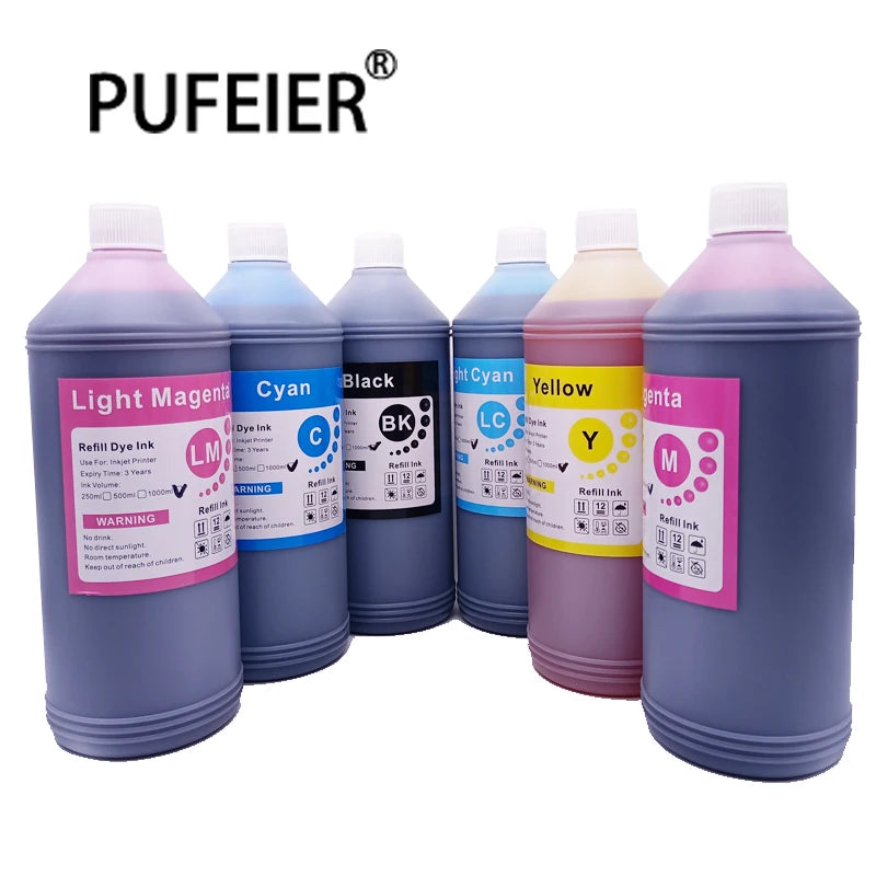 6 Color 1000ML Bottle Bulk Universal Dye Based Ink Compatible for Epson Canon HP Brother Inkjet Printer 1KG Refill Dye Ink