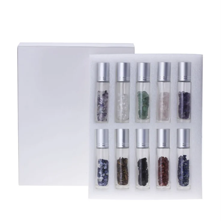 Beauty Jade Gemstone Stone Roller Bottle 10ml Transparent Essential Oil Glass Roll on Bottle with White Paper Box