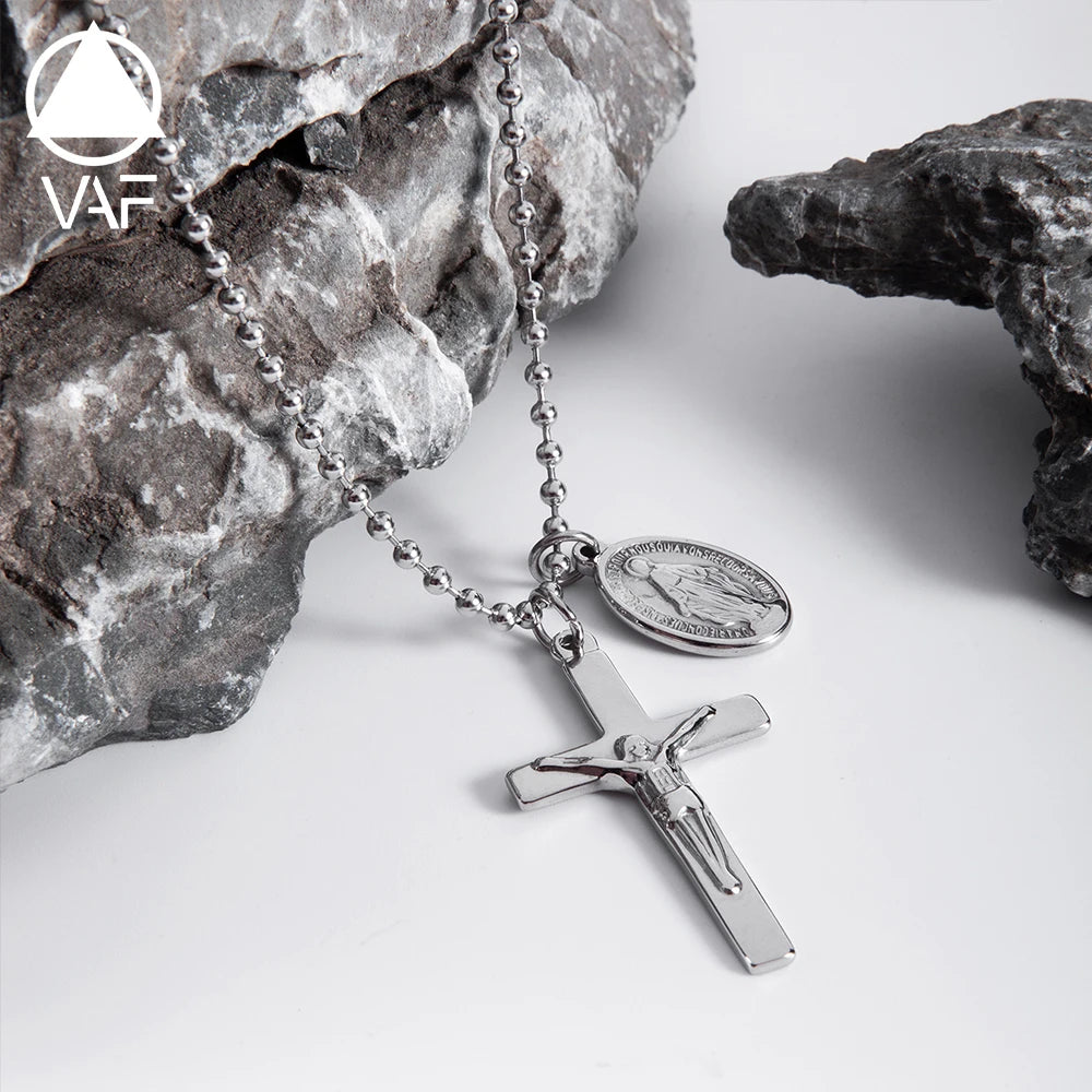 VAF CLASSIC 60CM Jesus Virgin Mary Cross Pendant Necklace Stainless Steel Jungfrau Maria Vierge Collar Colgante