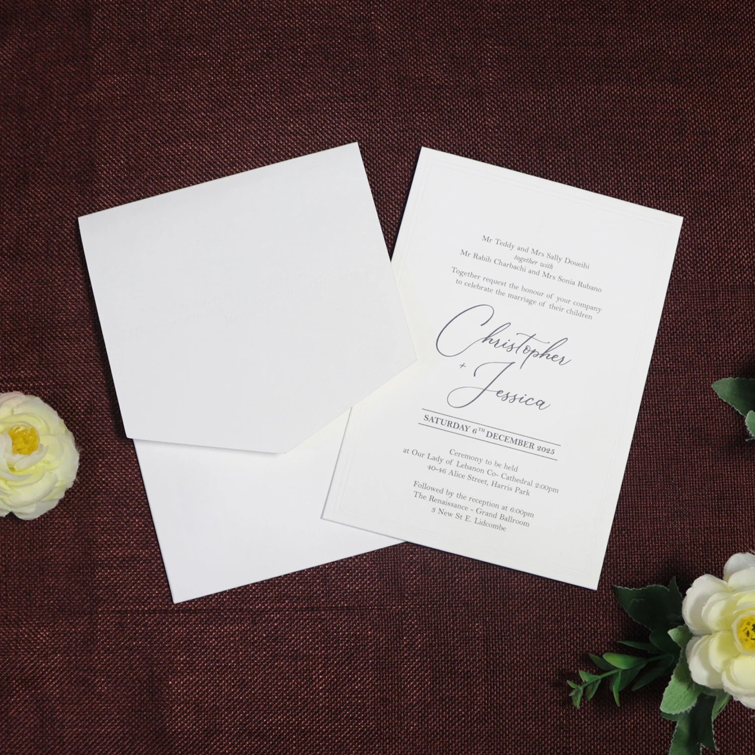 Elegant Emboss Logo Wedding Invitation Cotton Paper Card with Blind Foil Pattern and White Pocket for Wedding Invitation