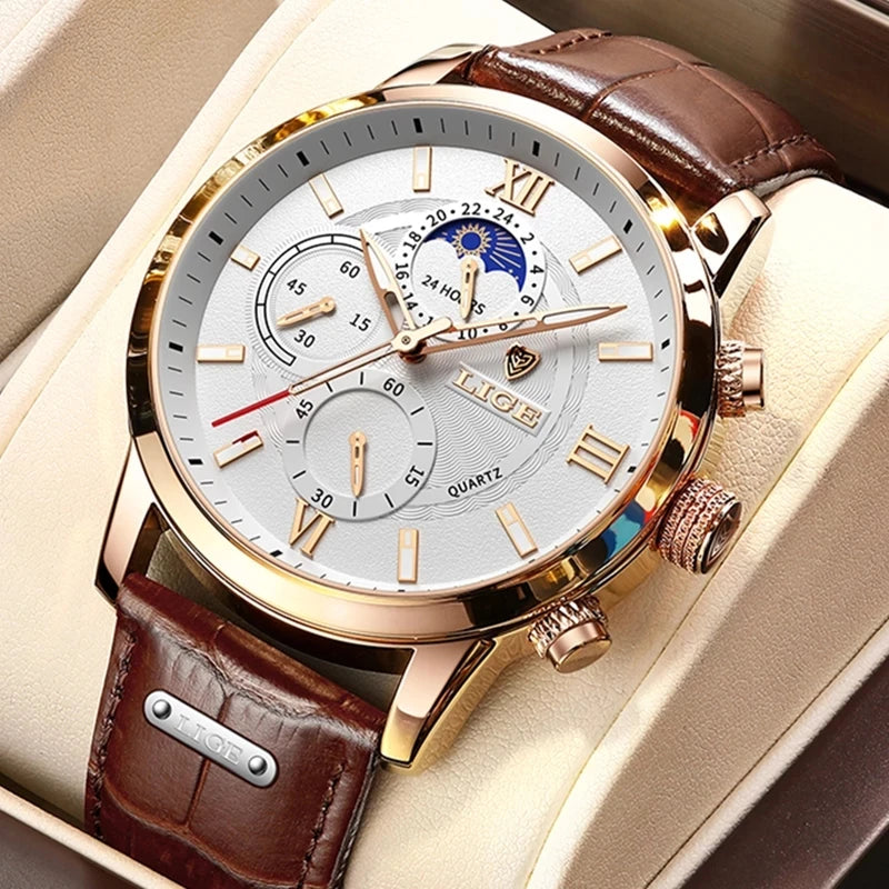 LIGE LG8932 Sample Men's Casual Quartz Watches  Waterproof Chronograph Date Moon Phase 43mm 22mm Leather Alloy Glass for Sports