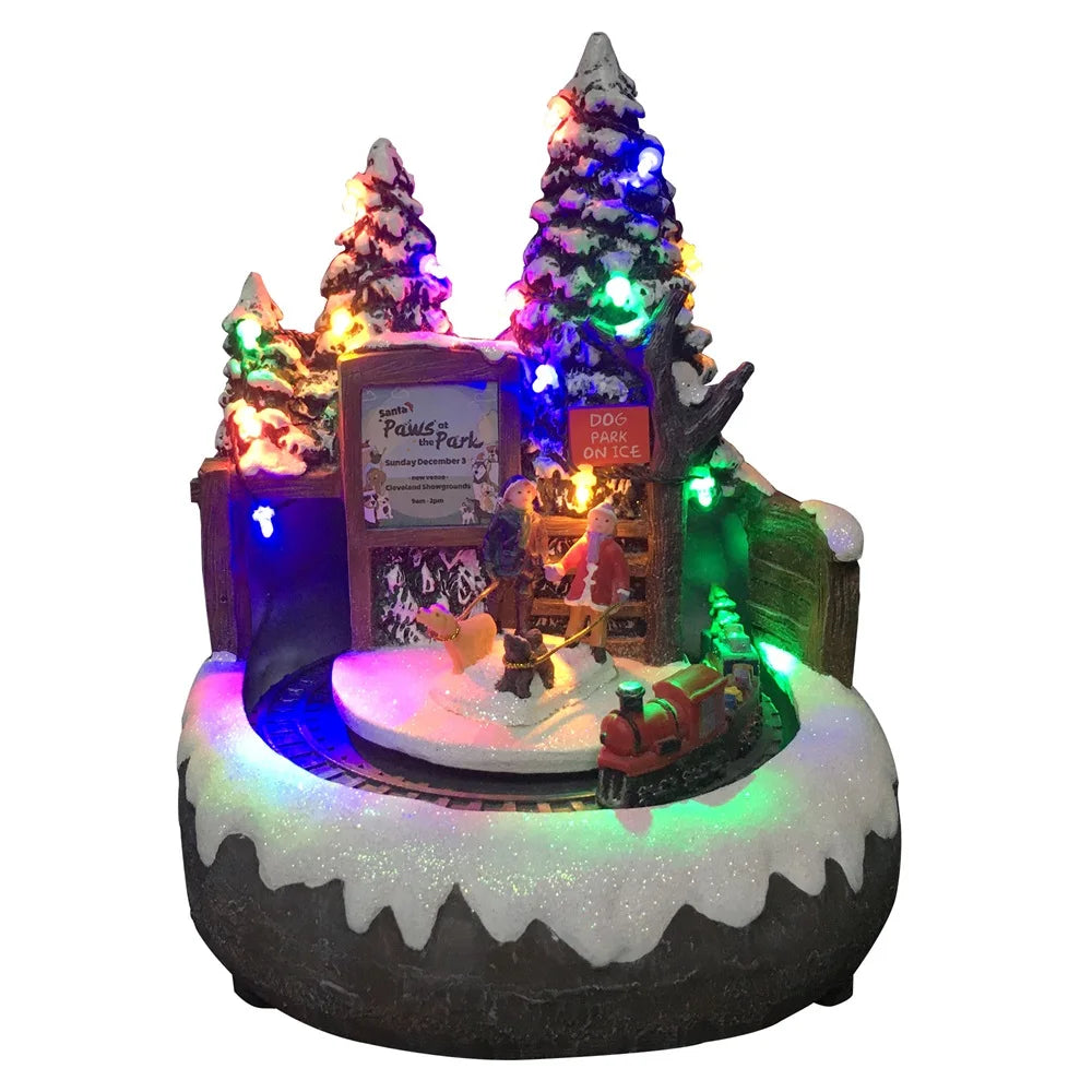 LED Light up Fiber Optic Snow Scene Doggy & Rotating Train Christmas Village Figurine with Music 3 AA Battery Operated Polyresin