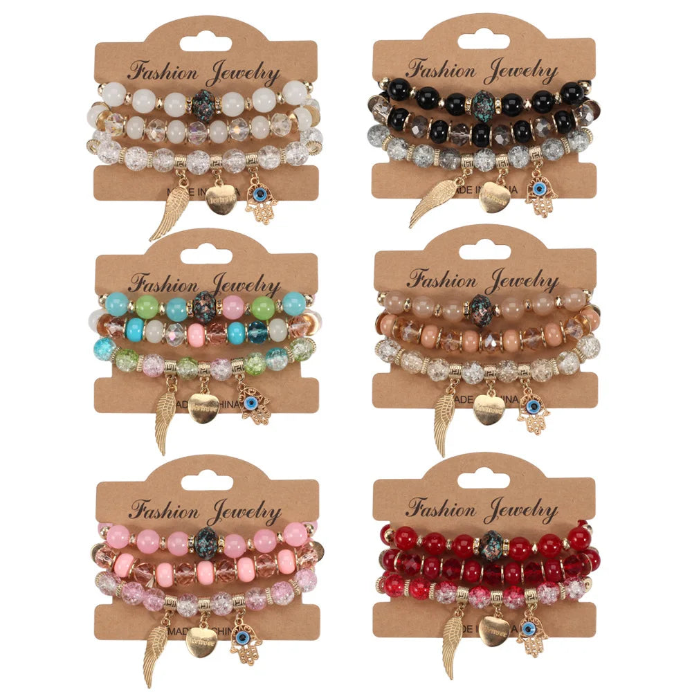 Bohemian Stackable Zinc Alloy Bead Bracelets Women Wings Heart Hamsa Charms Set Stretch Multilayered Glass Beads Wedding Gift