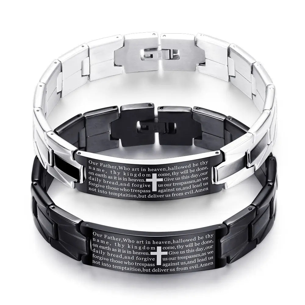 Men Cross Bracelets Homme Polished 316L Stainless Steel Scripture Cross En Acier Inoxydable Bracelet Bangle Jewelry for Men