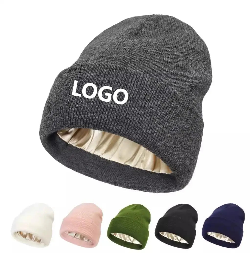 Satin Lined Beanie Hats Protective Hair Warm Manufacturer Custom Blank Jacquard Embroidery Silk Lined Beanie With Satin Lining