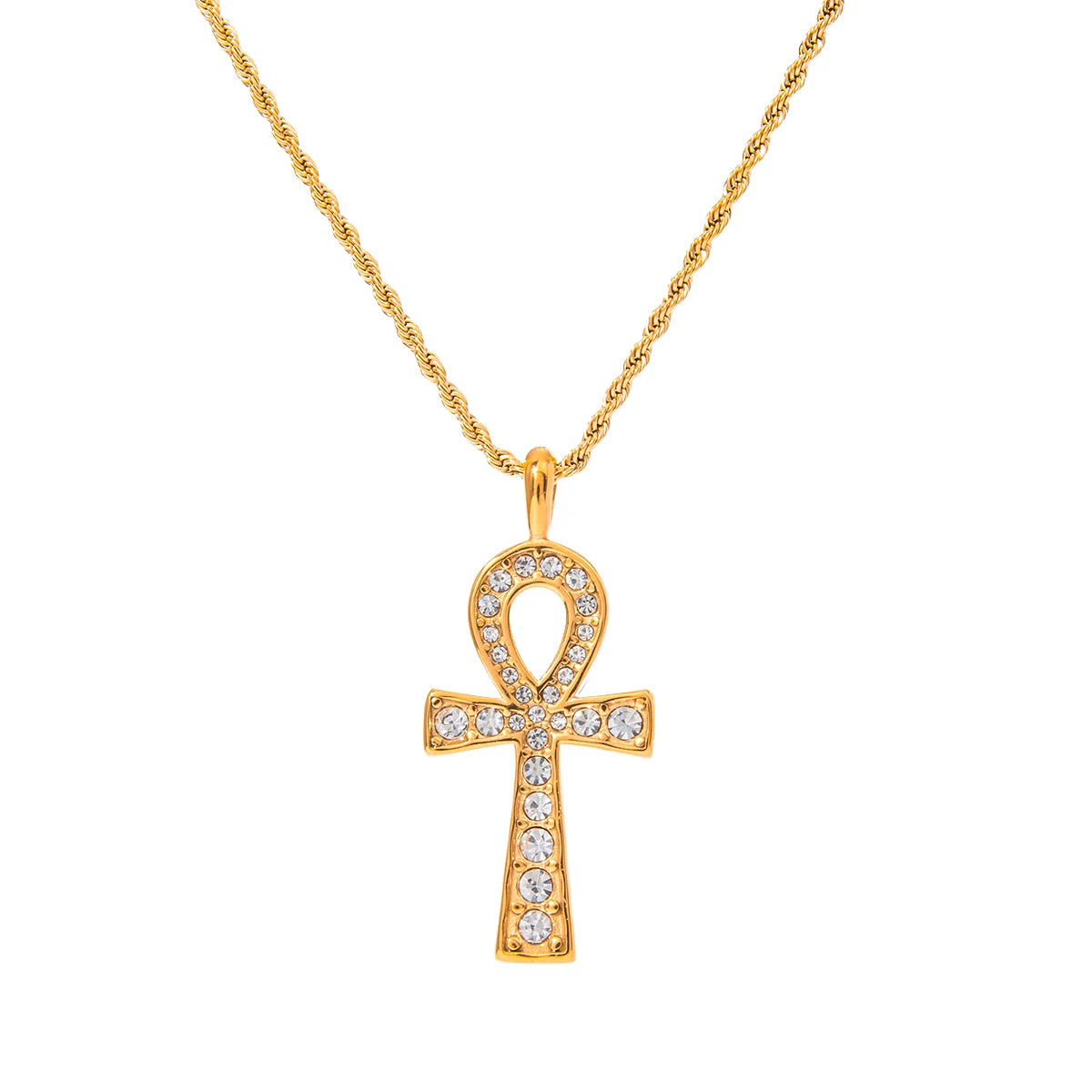 18K Gold Stainless Steel Necklace with Cross Pendant Rhinestone Charm Necklace Claw Setting Technology Rope Chain Jewelry Gifts
