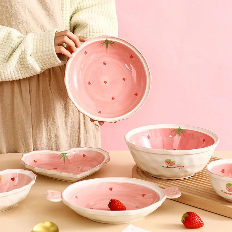 Solhui High-value Small Strawberry Ceramic Tableware Cute Girl's Heart Eating Bowl Plate Soup Bowl Ceramic Dessert Cake Plate