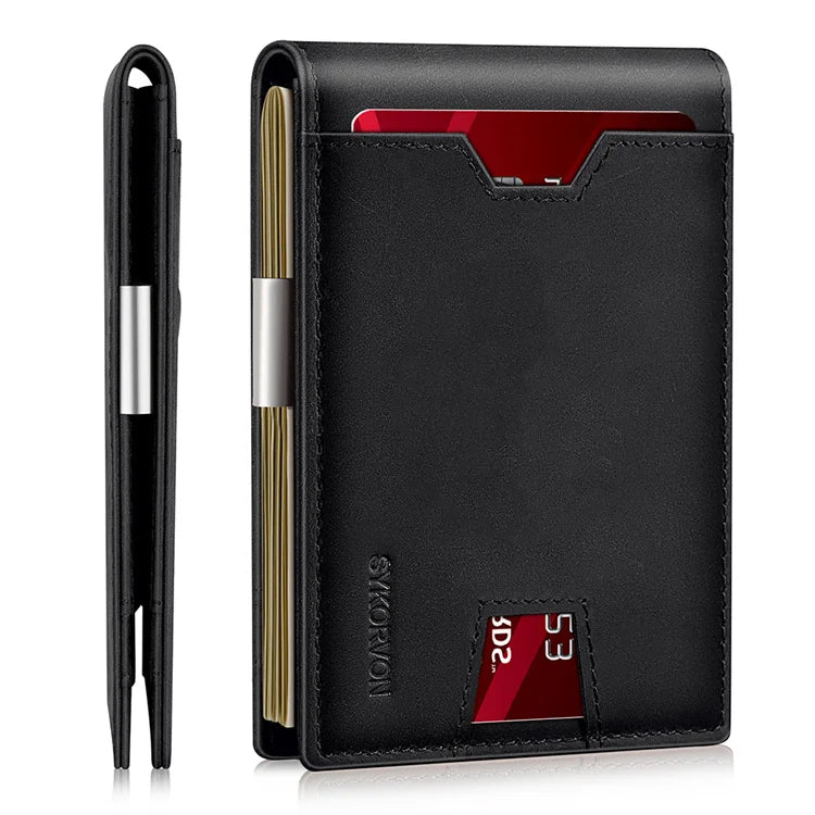Stylish Slim Wallet for Men's Bifold Real Leather Id Window Money Clip Black Cardholder