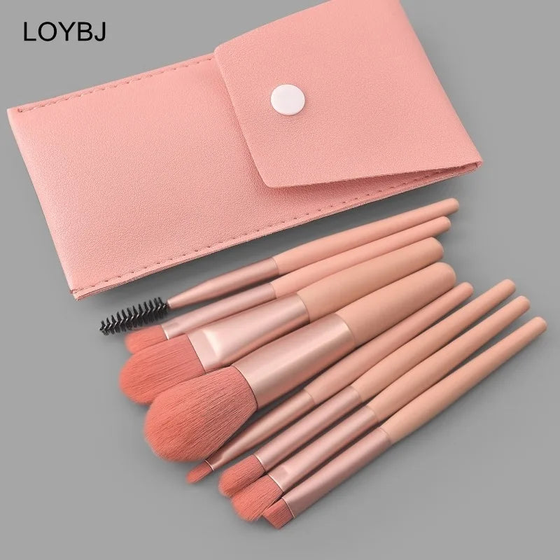 Good Quality Travel Size 8pc Face Makeup Brush Set Wood Handle Soft Synthetic Bristles Concealer Compatible Includes Smudge